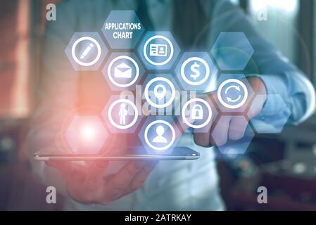 Text sign showing Applications Chart. Business photo text graph used to study how a process changes over time Stock Photo