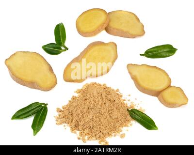 Fresh ginger and dried ginger on white bakground Stock Photo