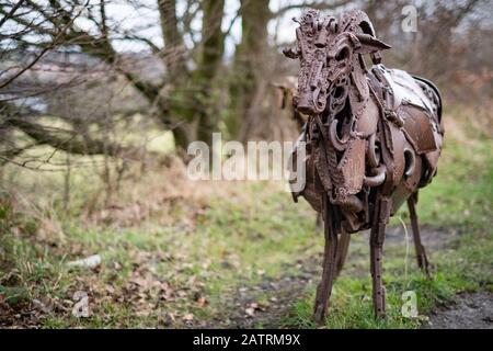 Sally Matthew’s flock of Swaledale Sheep constructed from recycled industrial scrap located on The Spen Valley Greenway Cycle Network. Stock Photo