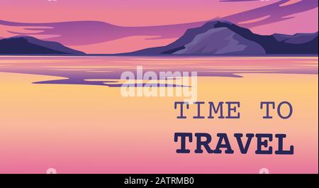 Flat style illustration of landscape with mountains, river and sky. Vector illustration. Mountaineering and Traveling. Mountain Peaks. Extreme Sports Stock Vector