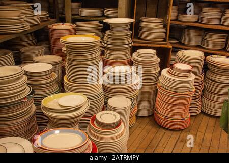 stacks of dishes for sale Stock Photo