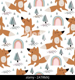 Seamless childish background with cute orange foxes Stock Vector