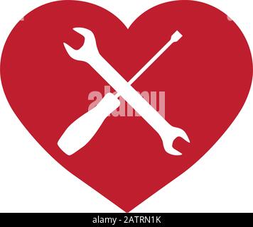 crossed screwdriver and wench inside red heart Stock Vector
