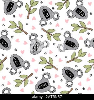 Seamless pattern with cute koalas, eucalyptus and hearts Stock Vector