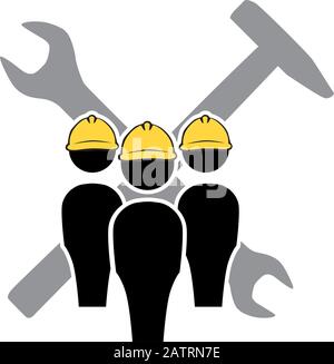 crossed hammer and wrench tools in behind of abstract human figures with yellow helmets Stock Vector