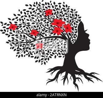 spring tree with female face, vector graphic design element Stock Vector
