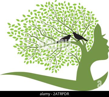 green tree with female face, vector graphic design element Stock Vector