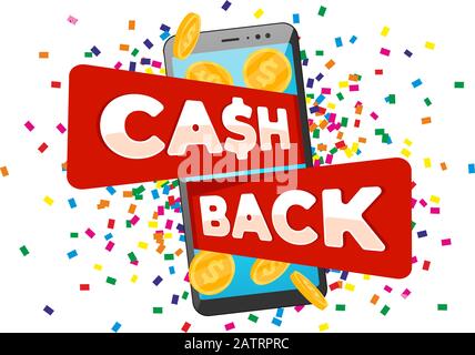 Cashback loyalty program concept. Smartphone with returned gold coins on screen and cash back iscription. Refund money service design. Mobile banking bonus transaction symbol vector eps illustration Stock Vector