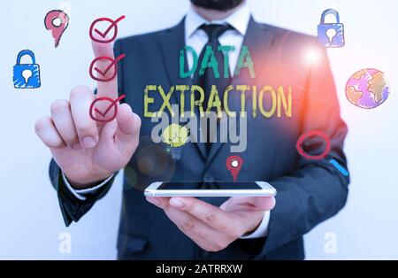 Text sign showing Data Extraction. Business photo text act or process of retrieving data out of data sources Stock Photo