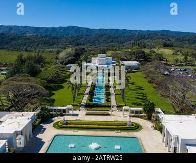 Laie, HI - 24 January 2020: Aerial view of the Laie Hawaii Temple of the church of the latter-day saints on Oahu Stock Photo