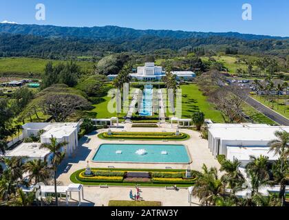 Laie, HI - 24 January 2020: Aerial view of the Laie Hawaii Temple of the church of the latter-day saints on Oahu Stock Photo