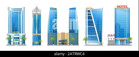 Set of modern hotel buildings, skyscraper towers with palm trees, architecture constructions, urban landscape, vector illustration isolated on white Stock Vector