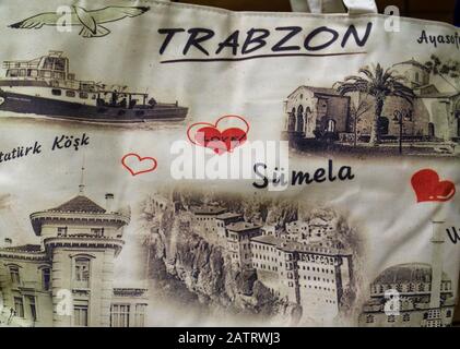 Trabzon/Turkey- August 08 2019: Tourist attractions in Trabzon city was shown on a piece of textile Stock Photo