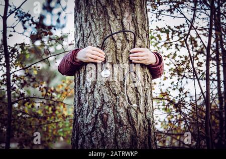 Forest health or nature healing person concept. Woman hands holding around pine tree trunk and holding medical stethoscope. Stock Photo