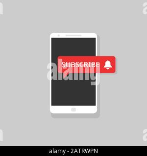 Subscribe button icon. Smartphone with red subscribe symbol and white bell sign on the screen Stock Vector