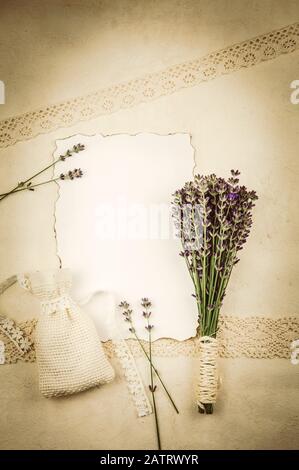 Top view of white empty sheet of paper with burned edges and surrounded by fresh lavender branches and scented dry lavender bag sachet on old page. Stock Photo