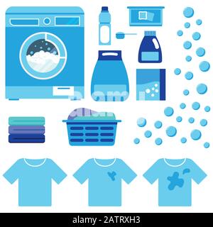 Laundry washer machine with detergent flat vector set isolated on white background. Stock Vector