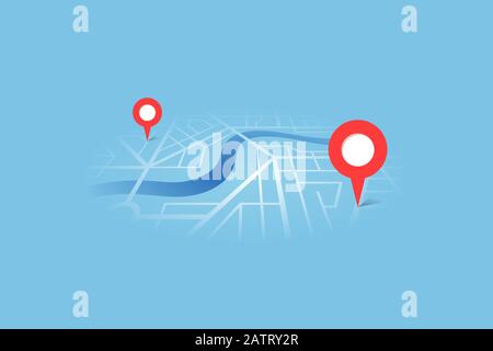 City street map plan with river GPS place pins and navigation route between point markers. Vector blue color perspective view isometric eps illustration location schema Stock Vector