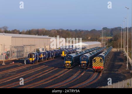 Newly assembled class 800 IEP trains for First Great Western Railway, and class 385's for Scotrail at the Hitachi assembly plant Newton Aycliffe Stock Photo