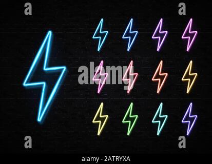 Realistic color 3d neon sign of energy lightning bolt set for decoration covering on black brick wall background. Lightning thunder design concept. Li Stock Vector