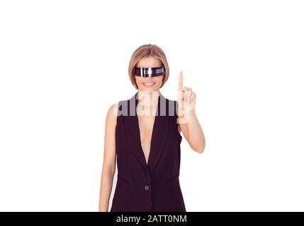 Smiling cyborg woman tapping air vitrual screen isolated on white. Beautiful cyber woman pointing at something Stock Photo