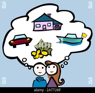 simple characters couple dreaming of money car boat house by jziprian Stock Vector