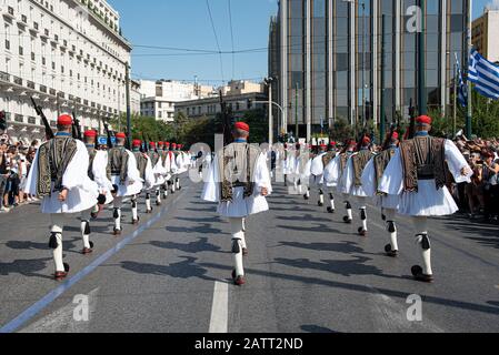 Athens, Greece, September 22 2019: Greek presidential evzone guards dressed in traditional uniforms,  parading at Syntagam Square in Athens Greece Stock Photo