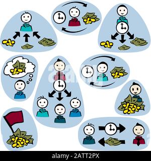 set 9 icons simple male money coins bills time flag think arrows background by jziprian Stock Vector