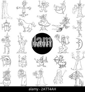 Black and White Cartoon Illustration of Fantasy Characters Huge Set Coloring Book Page Stock Vector