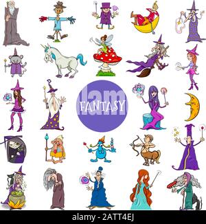 Cartoon Illustration of Fantasy Characters Large Set Stock Vector