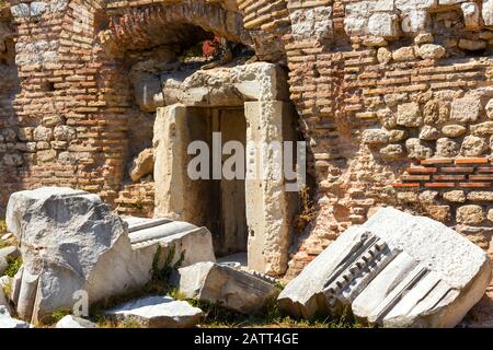 Ancient Roman bathing (thermae)  in  Varna, port city at Black Sea in Bulgaria. Fragments of columns. Stock Photo