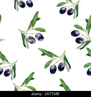 Black olives hand drawn watercolor illustration. Seamless pattern. Stock Photo