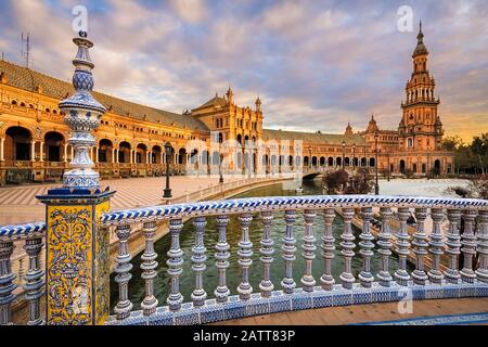 Plaza de Espana in Seville, Andalusia, Spain at sunset Stock Photo