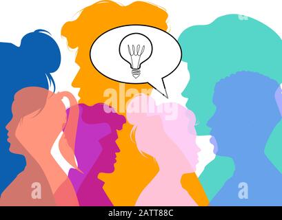 Vector of a group of people with a light bulb in a speech bubble Stock Vector