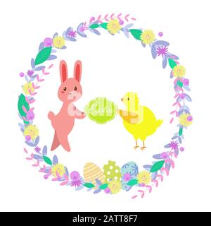 Vector illustration.Easter greeting card. Cute flat illustration with rabbit, chicken, easter eggs, flower wreath, berries, leaves. Isolated on white Stock Vector