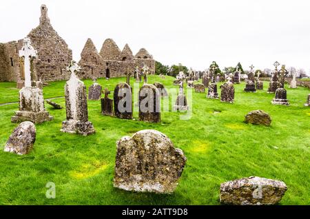 The monastic city of Clonmacnoise with the typical crosses, Ireland Stock Photo