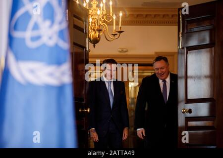 Washington, USA. 4th Feb, 2020. U.S. Secretary of State Mike Pompeo (R) meets with Director General of the International Atomic Energy Agency (IAEA) Rafael Mariano Grossi in Washington, DC, the United States, on Feb. 4, 2020. Credit: Ting Shen/Xinhua/Alamy Live News Stock Photo