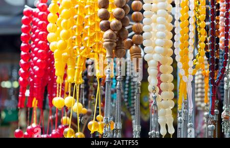 Turkey culture, rosary ,tesbih, Photographed on the counter in front of the store. Close up. Stock Photo