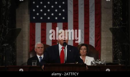 Washington, United States. 04th Feb, 2020. U.S. President Donald Trump delivers his State of the Union address to a joint session of the U.S. Congress in the House Chamber of the U.S. Capitol in Washington, DC on Tuesday, February 4, 2020. Pool Photo by Leah Millis/UPI Credit: UPI/Alamy Live News