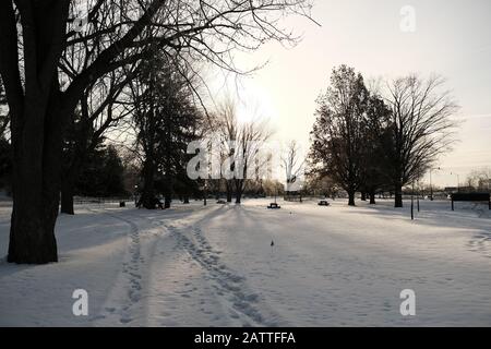 B&W shot of a gorgeous pale sunrise seen through the trees in a very snowy Commissioners Park, Ottawa, Ontario, Canada. Stock Photo