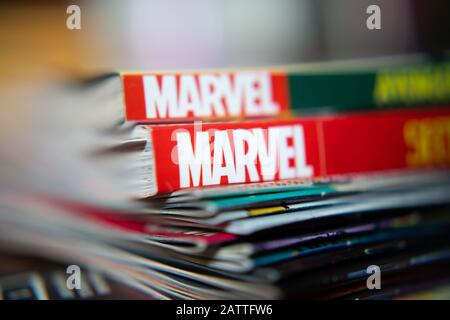 Bangkok, Thailand - December 15, 2019: Marvel Comics logo on comic books. Stock Photo