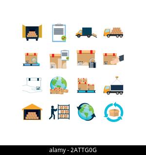 Icon set design, Delivery logistics transportation shipping service warehouse industry and global theme Vector illustration Stock Vector