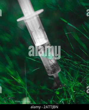 There is a syringe with a handle on the grassy ground, a plant inside. Drought or hormone concept. Stock Photo
