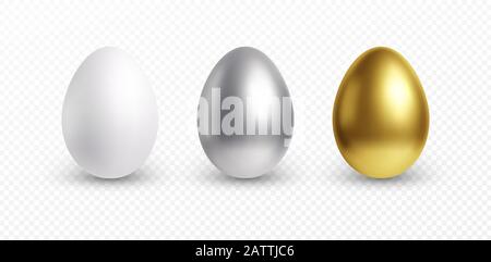 Set of different 3D realistic, shiny, golden, holographic Easter eggs isolated on white background. Vector illustration Stock Vector