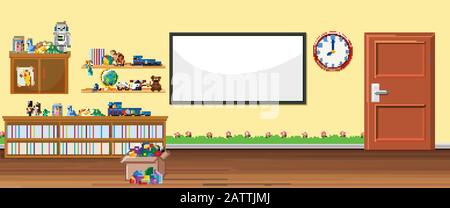 Background scene with whiteboard and toys illustration Stock Vector