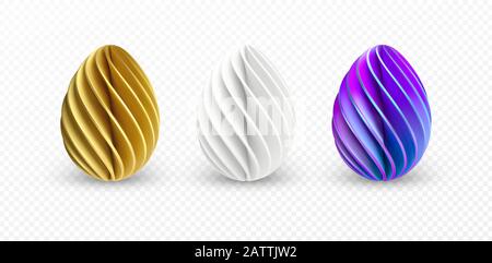 Set of different 3D realistic, shiny, golden, holographic Easter eggs isolated on white background. Vector illustration Stock Vector