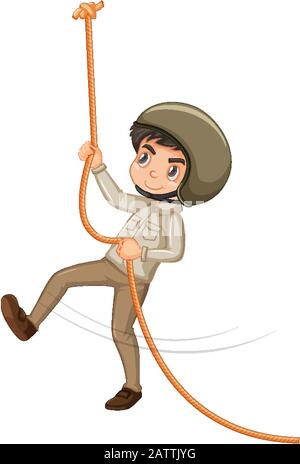 Boy in safari outfit climbing rope on white background illustration Stock Vector