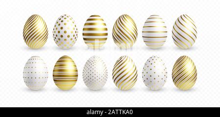 Set of different 3D realistic, shiny, golden, holographic Easter eggs isolated on white background. Vector illustration Stock Vector