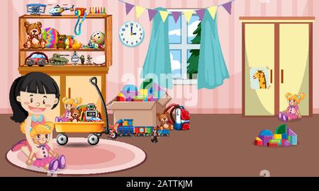 little girl playing with a doll house cartoon illustration Stock Vector ...