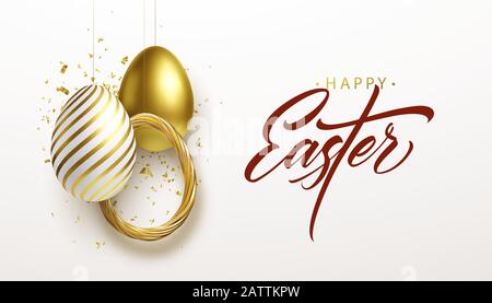 Happy Easter lettering background with 3D realistic golden glitter decorated eggs, confetti. Vector illustration Stock Vector